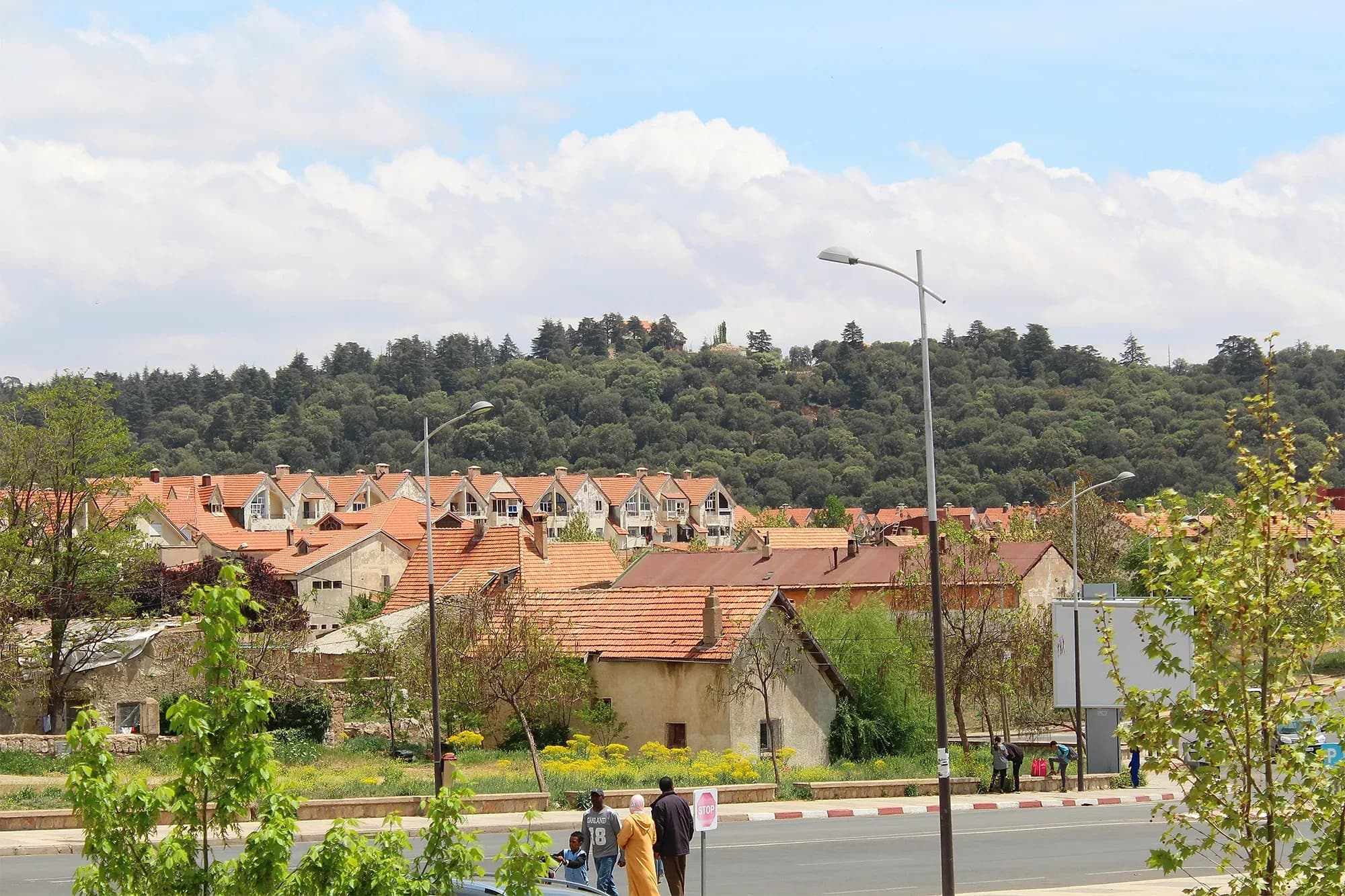 Casas de tejados rojos de Ifrane al pie de colinas cubiertas de bosque en el Atlas Medio