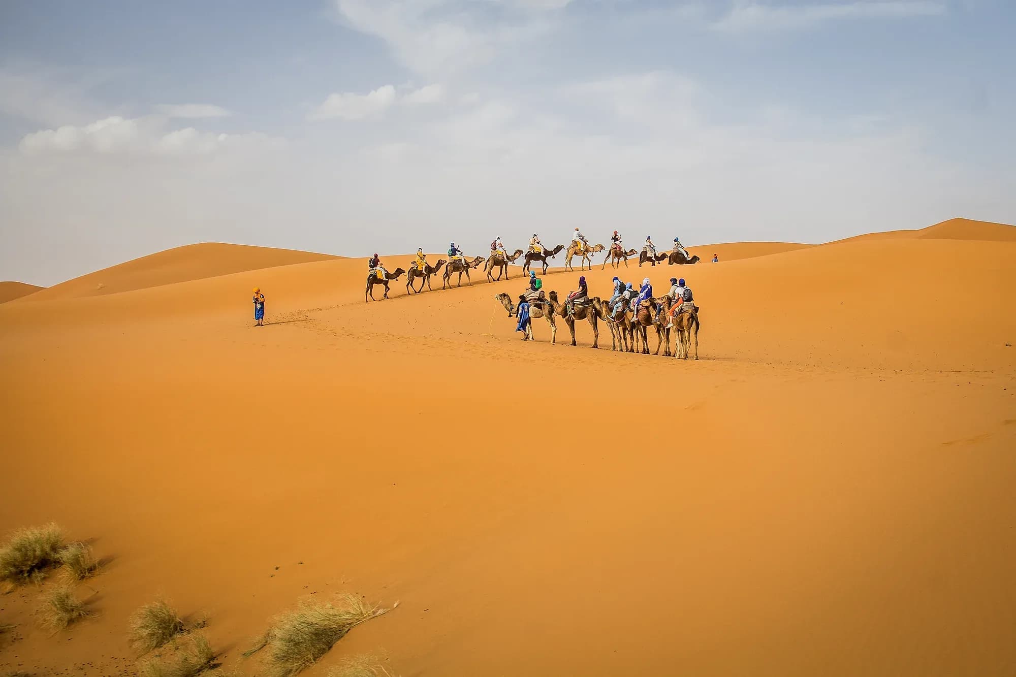 Grupo de viajeros en dromedario entrando en las dunas de Erg Chebbi, Merzouga